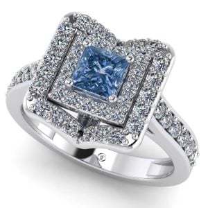Inel aur halo cu diamant albastru patrat si diamante aur alb ES356