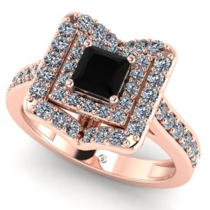 Inel cu diamant patrat negru si diamante incolore din aur roz de logodna ES356