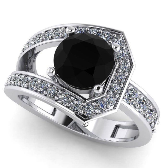 Inel din aur alb cu diamant negru 1.50 carate si diamante sec de logodna ES308
