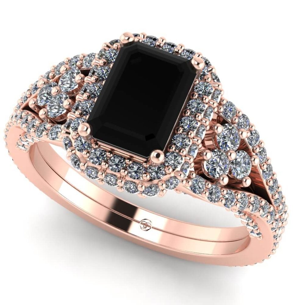 Inel din aur roz cu dimant negru emerald si diamante albe de logodna ES347