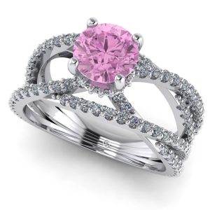 Inel cu diamant roz si diamante logodna din aur ES204