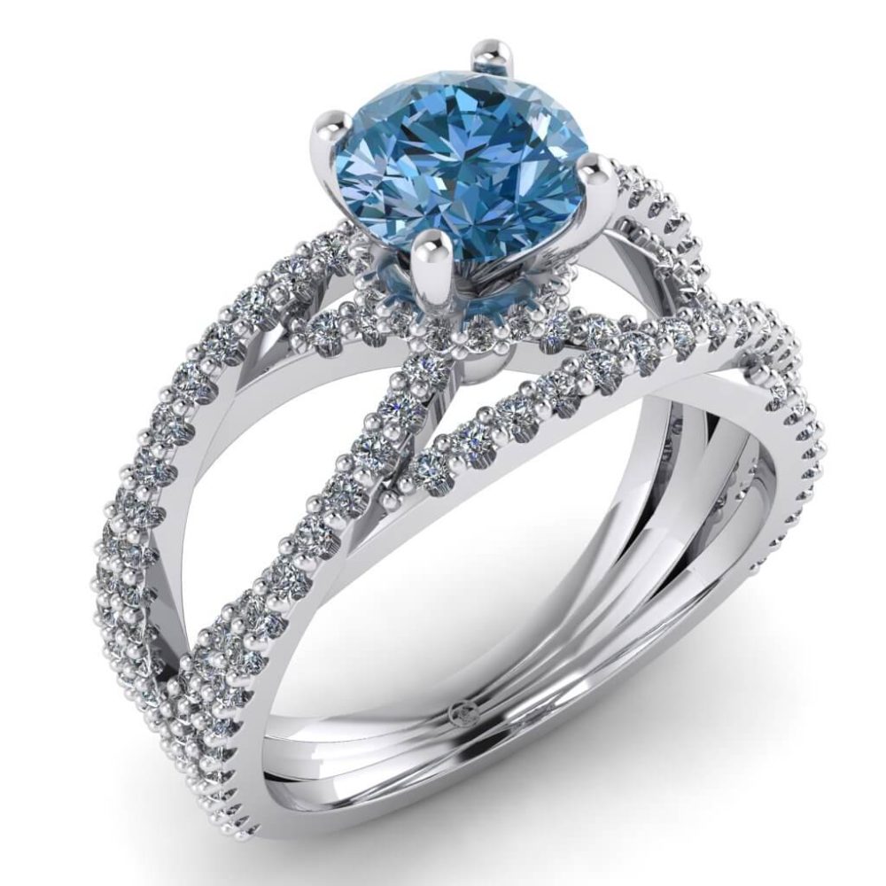 Inel din aur alb 14k cu diamant albastru si diamante de logodna ES204