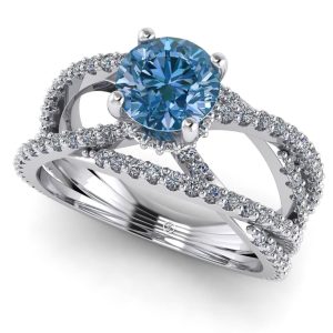Inel din aur alb cu diamant albastru si diamante ES204