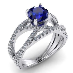 Inel din aur alb 18k cu safir albastru si diamante de logodna ES204