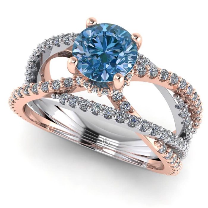 Inel din aur roz si alb cu diamant albastru intens si diamante ES204