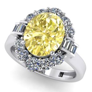 Inel de logodna cu safir oval galben si diamante baquettwe si rotund halo ES393