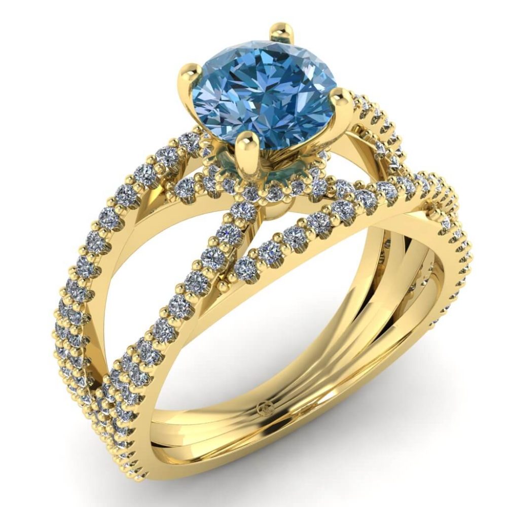 Inel din aur galben cu diamant albastru 1 carat si diamante ES204