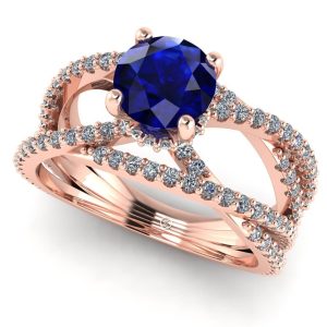 Inel din aur roz cu safir central 7 mm si diamante ES204