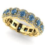 Inel din aur galben eternity logodna cu diamante albastre 1.80 ct si diamante sec 1.26 ct
