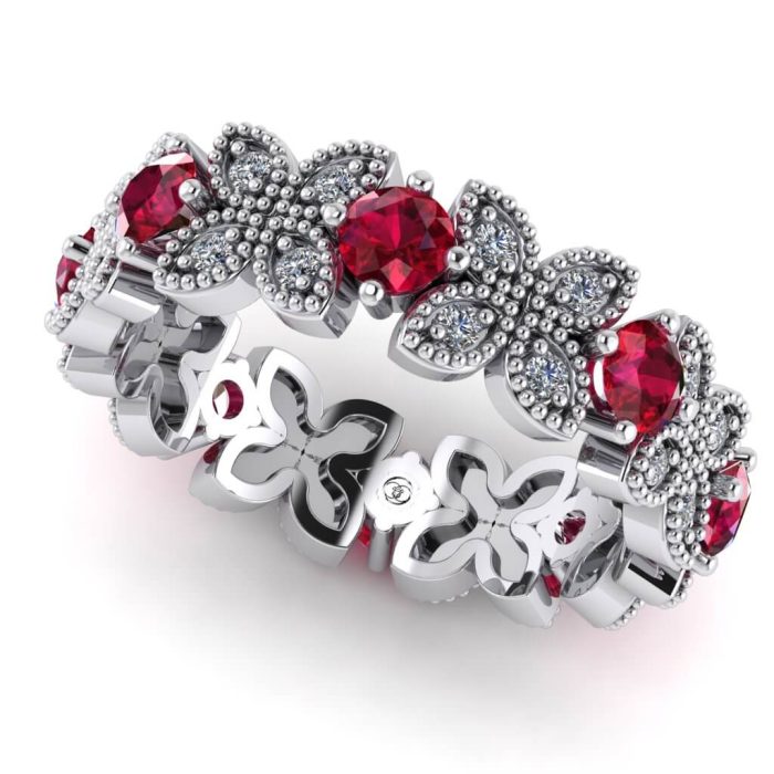 Inel eternity vintage cu rubine si diamante din aur alb de logodna ES21
