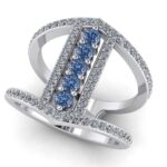 Inel fashion cu diamante albastre si incolore din aur alb logodna ES388