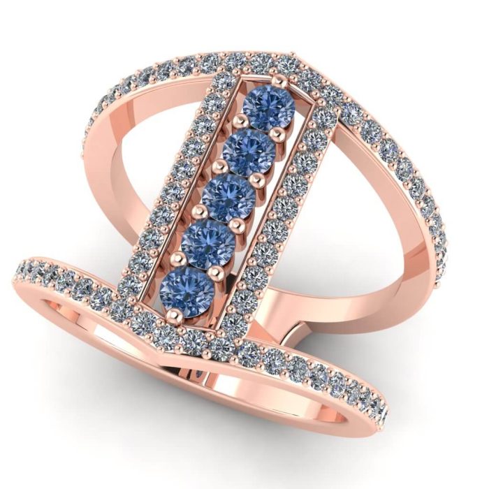 Inel fashion cu diamante albastre si diamante incolore aur ES388