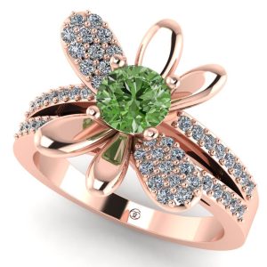 Inel floare aur rose de logodna cu diamant verde si diamante ES224
