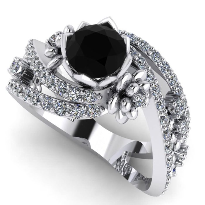 Inel floare din aur alb cu diamant negru si diamante ES277