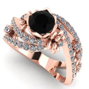 Inel din aur roz cu diamant negru model floral de logodna ES277