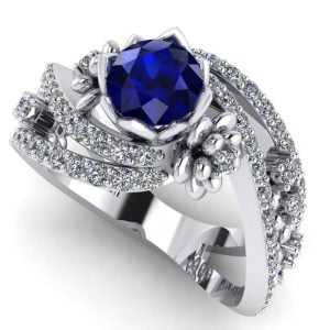 Inel model floare cu safir albastru si diamante din aur alb de logodna ES277