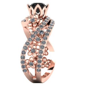 Inel de logodna din aur roz model floral cu diamant negru ES277