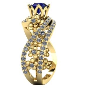 Inel logodna floare din aur galben cu safir albastru si diamante naturale ES277