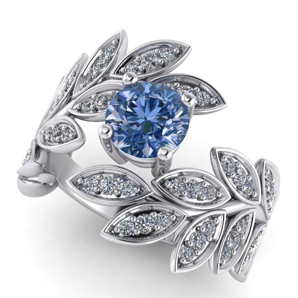 Inel cu diamant albastru si diamante din aur alb ES320