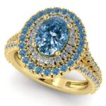 Inel halo 2 randuri cu diamant albastru oval si diamante aur galben 18k ES281