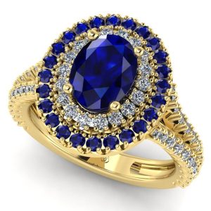 Inel de logodna cu 2 randuri halo safire albastre si diamante din ur ES281