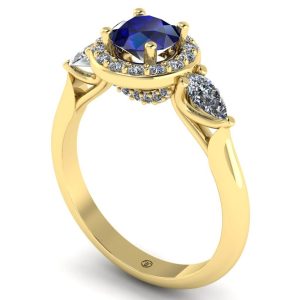 Inel de logodna din aur 18k cu 3 pietre diamante lacrima si safir rotund ES282