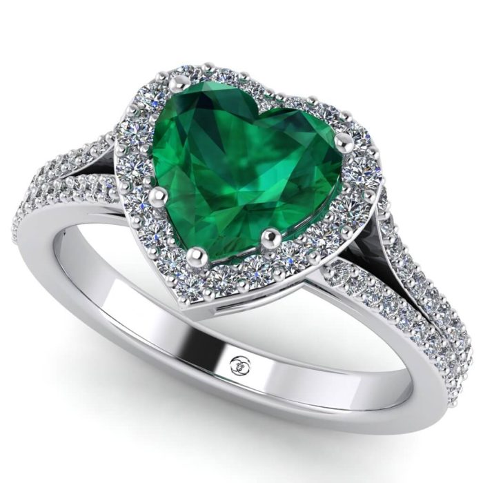 Inel de logodna din aur alb cu smarald si diamante naturale model clasic halo ES361
