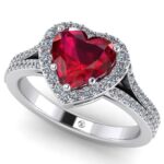 Inel logodna rubin inima 7 mm si diamante halo simplu aur alb ES361