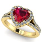 Inel logodna rubin inima 7 mm si diamante halo simplu aur ES361