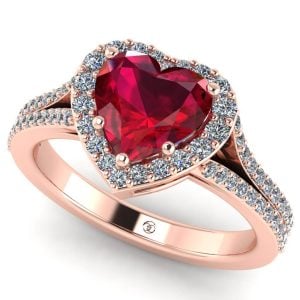 Inel logodna rubin inima 7 mm si diamante halo simplu aur roz ES361