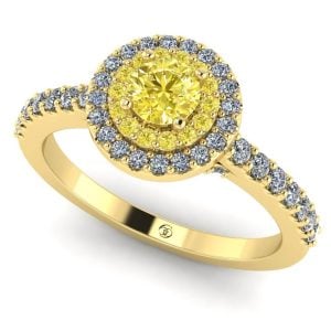 Inel logodna cu diamant galben si diamante anturaj 2 randuri din aur ES369
