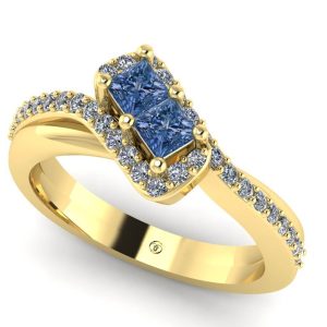 Inel logodna cu diamant patrat albastru si diamante albe din aur 18k ES380