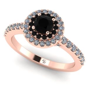 Inel logodna cu diamant negru si diamante 2 randuri halo aur roz ES369