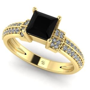 Inel logodna cu diamant negru patrat si diamante pave din aur ES353