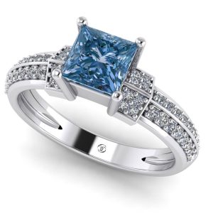 Inel logodna cu diamant patrat blue si diamante pave din aur ALB ES353