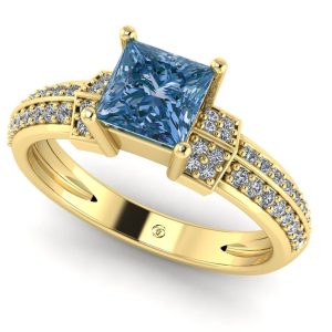 Inel logodna cu diamant patrat albastru 0.40ct si diamante pave din aur ES353