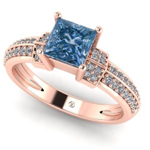 Inel logodna cu diamant patrat albastru si diamante pave din aur ROZ ES353