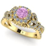 Inel logodna aur 18k galben cu diamant roz si diamante albe floral ES274