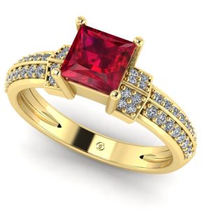 Inel logodna cu rubin patrat 5mm si diamante pave din aur ES353