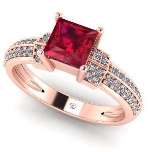 Inel logodna cu rubin patrat AAA si diamante pave din aur ES353