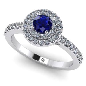 Inel logodna cu safir albastru 4 mm si diamante anturaj aur 18k ES369