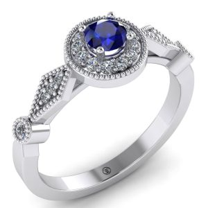 Inel din aur alb 18k cu diamante si safir albastru halo de logodna ES294