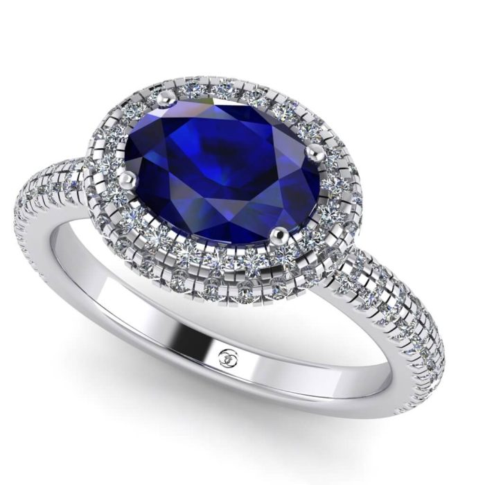 Inel de logodna cu safir oval si diamante din aur alb ES314