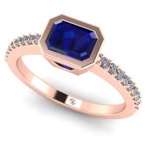 Inel de logodna model bezel cu safir albastru si diamante aur roz ES216