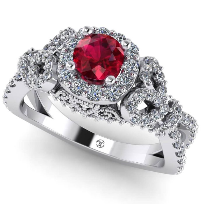Inel logodna cu rubin si diamante din aur alb halo ES274