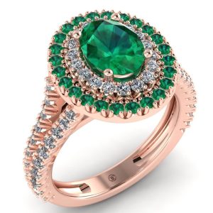 Inel logodna cu smarald verde si diamante din aur roz halo dublu ES281