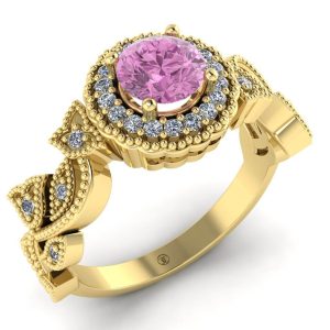 Inel de logodna model vintage floral cu diamant roz si diamante din aur galben ES291