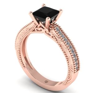 Inel de logodna vintage cu diamant negru patrat si diamante din aur roz ES289