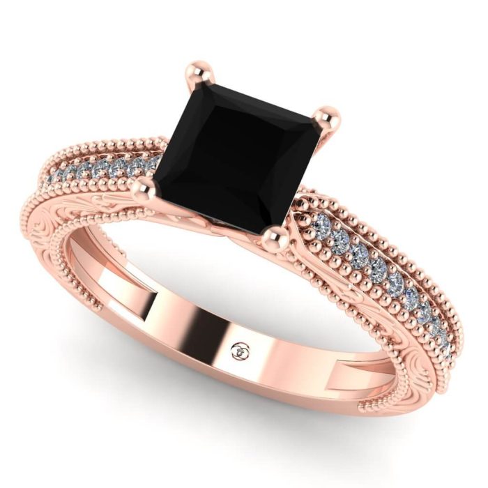 Inel de logodna vintage retro cu diamant negru si diamante din aur ES289
