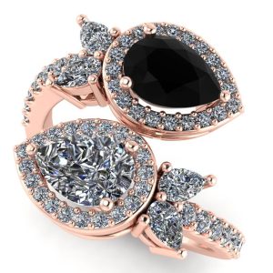 Inel luxury cu diamant lacrima negru si transparent din aur roz ES396